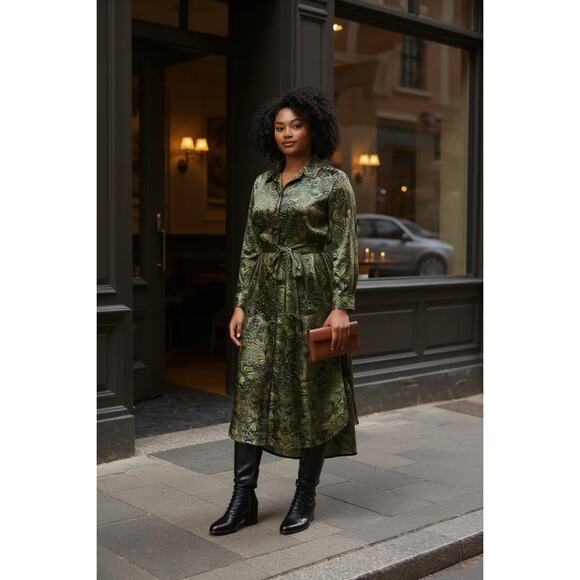 Chico’s Utility Belted Silky Shirt Dress Plus XL 16/18 Green Black Holiday Dress - Picture 1 of 10